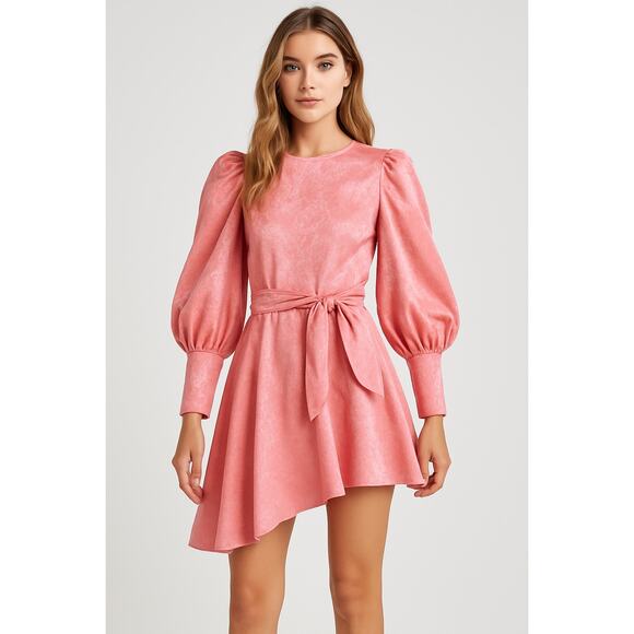 VITA GRACE Dresses & Skirts - Vita Grace Pink Puff Sleeve Belted Mini Dress Women’s M Asymmetrical Hem Chic